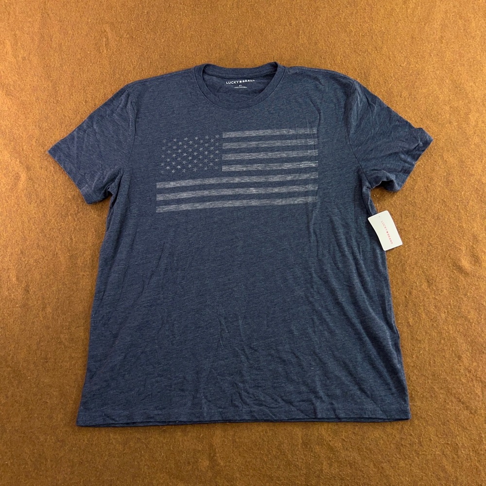 Lucky Brand Mens XL Navy Blue Distressed American Flag Graphic T-Shirt NWT